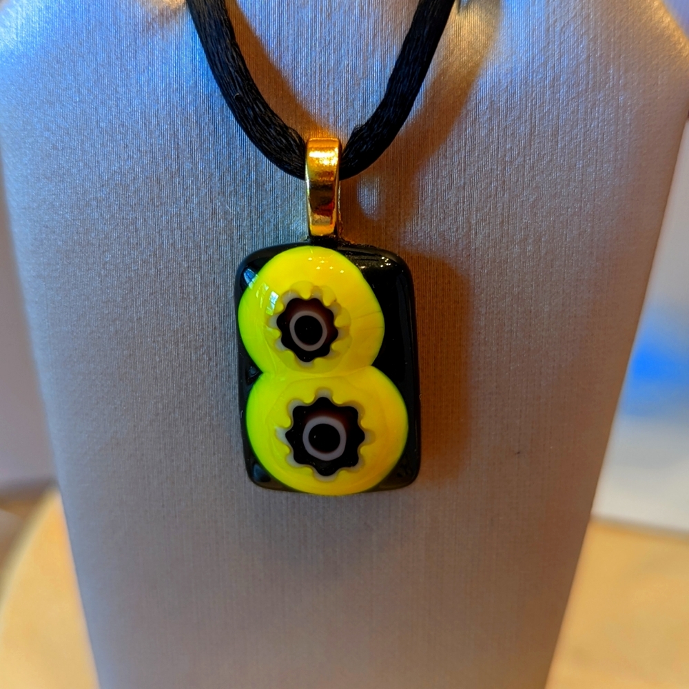 Artisan Handmade fused glass pendant necklace flower wheels avocado